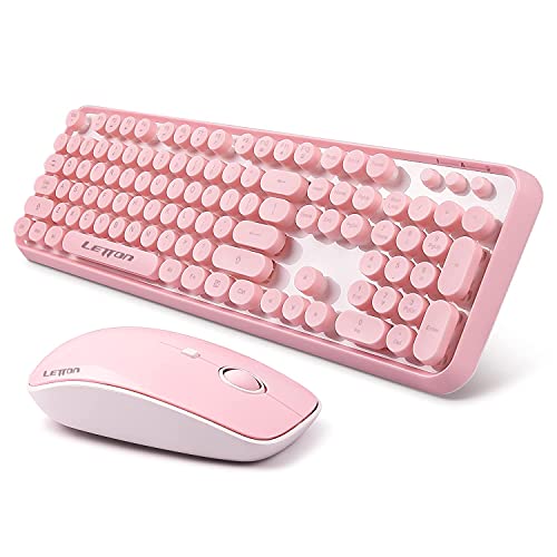 Pink Wireless Keyboard Mouse Combo, 2.4Ghz Wireless Retro Typewrite...